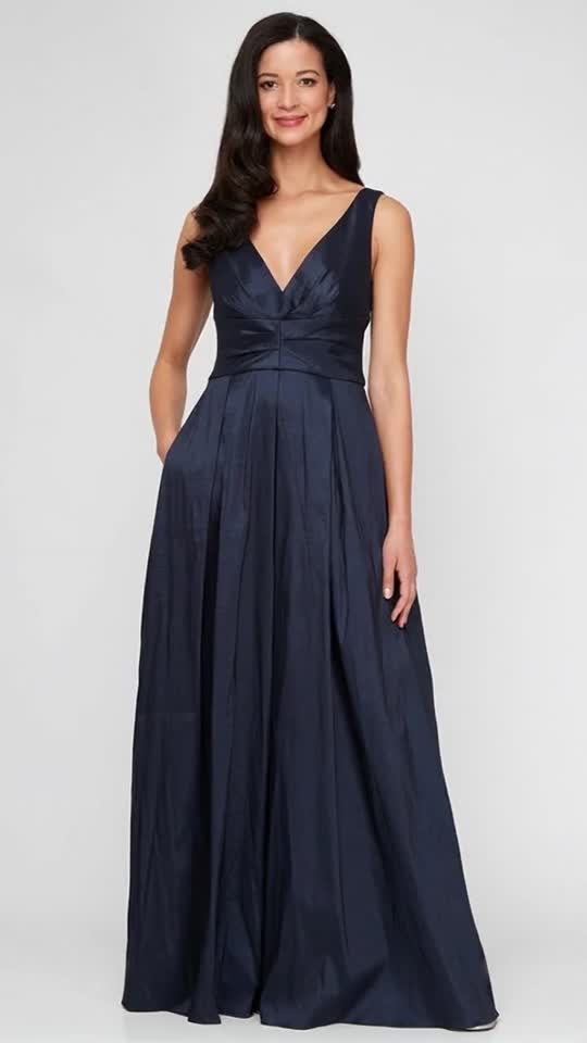 Long Stretch Taffeta Sleeveless Dress with V-Neckline